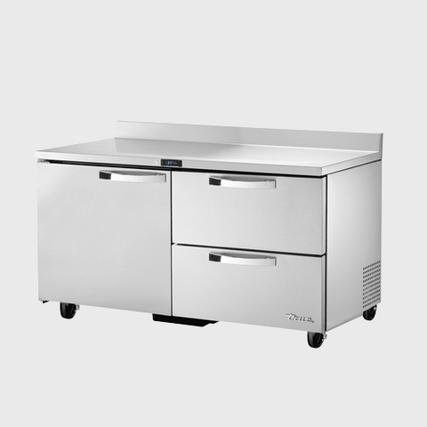 Spec Series Two-Section Worktop Refrigerator 60-3/8"Width (1) Solid Hinged Door & (2) Solid Drawers with Stainless Steel Exterior