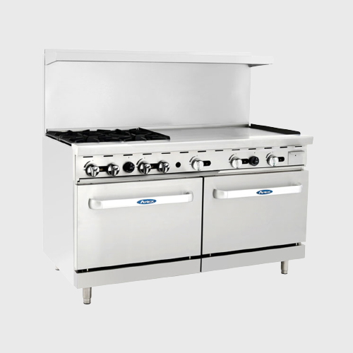 Atosa Stainless Four Burner LP Gas Range With Griddle Top And Two Ovens 60"W