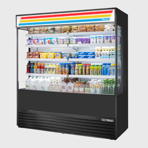 True Food Service Equipment Vertical Air Curtain Merchandiser 72"Width Standard Look Version 01 with Glass Sides & Black Powder Coated Exterior