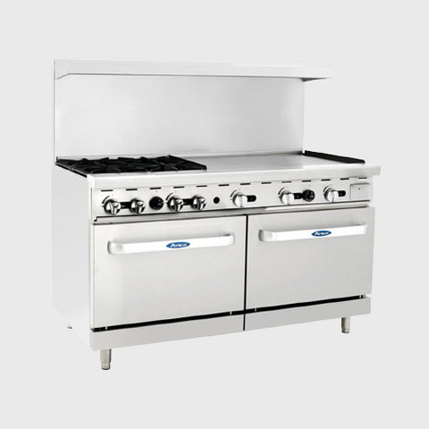 Atosa Stainless Four Burner Natural Gas Range With Griddle Top And Two Ovens 60"W