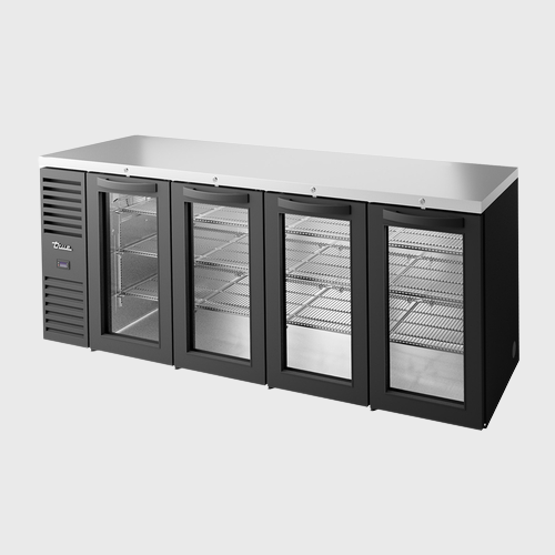 True Premier Bar Four-Section Refrigerated Back Bar Cooler 92"Width (4) Glass Hinged Doors with Black Powdered Steel Exterior
