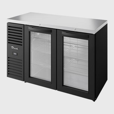 True Premier Bar Two-Section Refrigerated Back Bar Cooler 52"Width (2) Glass Hinged Doors with Black Powdered Steel Exterior
