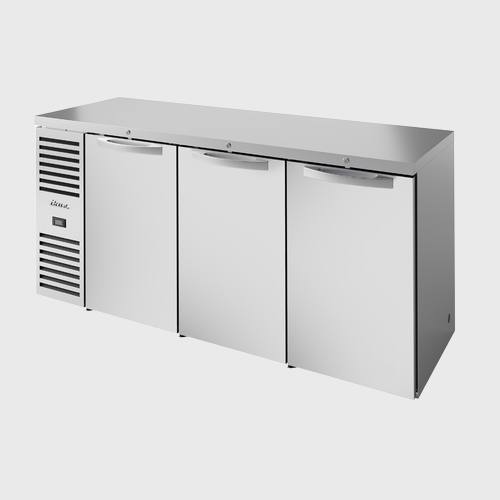 True Premier Bar Three-Section Refrigerated Back Bar Cooler 84"Width (3) Solid Hinged Doors with Stainless Steel Exterior