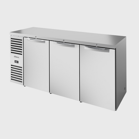 True Premier Bar Three-Section Refrigerated Back Bar Cooler 84"Width (3) Solid Hinged Doors with Stainless Steel Exterior