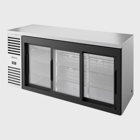 True Premier Bar Three-Section Refrigerated Back Bar Cooler 72"Width (3) Glass Sliding Doors with Stainless Steel Exterior