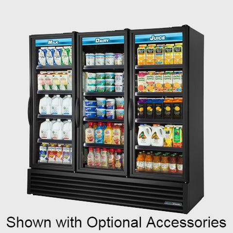 True Food Service Equipment Three-Section Full Length Refrigerated Merchandiser 80-3/4"Width (12) Shelves with Black Powder Coated Exterior