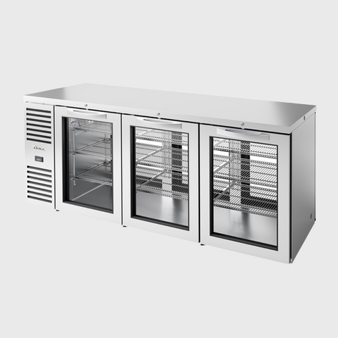 True Premier Bar Pass-Thru Three-Section Refrigerated Back Bar Cooler 84"Width (6) Glass Hinged Doors with Stainless Steel Exterior