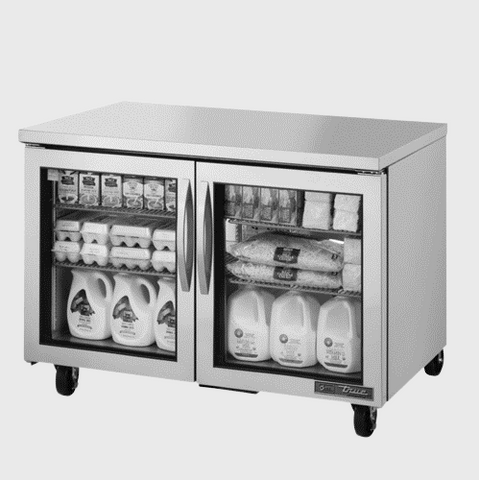 True Food Service Equipment Undercounter Refrigerator 48-3/8"Width (2) Glass Hinged Doors with Stainless Steel Exterior