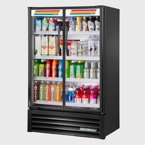 True Specialty Retail Two-Section Slim Line Visual Refrigerated Merchandiser 36"W White Interior with Black Powder Coated Steel Exterior