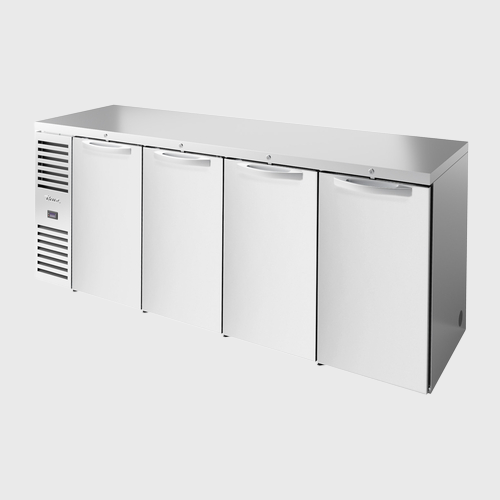 True Premier Bar Four-Section Refrigerated Back Bar Cooler 92"Width (4) Solid Hinged Doors with Stainless Steel Exterior