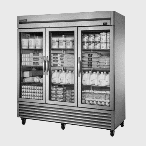 True Food Service Equipment Three-Section Reach-In Framed Glass Version Refrigerator 78-1/8"Width with (3) Glass Doors & Stainless Steel Exterior