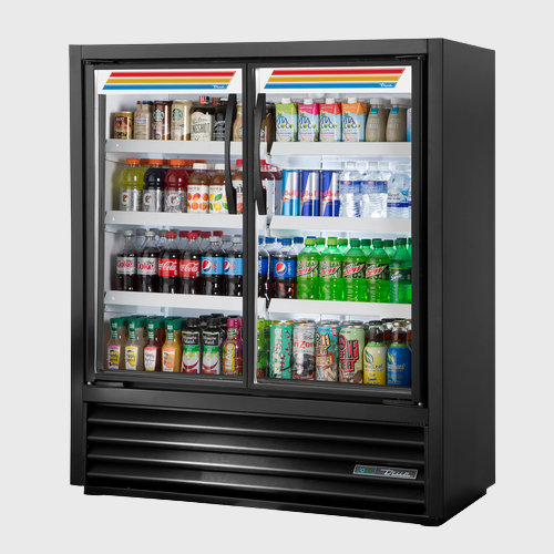 True Specialty Retail Two-Section Slim Line Visual Refrigerated Merchandiser 47-1/8"W White Interior with Black Powder Coated Steel Exterior