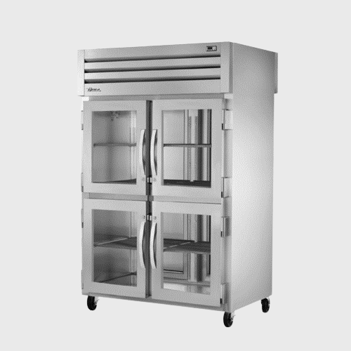 Spec Series Two-Section Pass-Thru Refrigerator 52-5/8"Width (4) Front Glass Half Doors & (2) Solid Rear Door with Stainless Steel Exterior