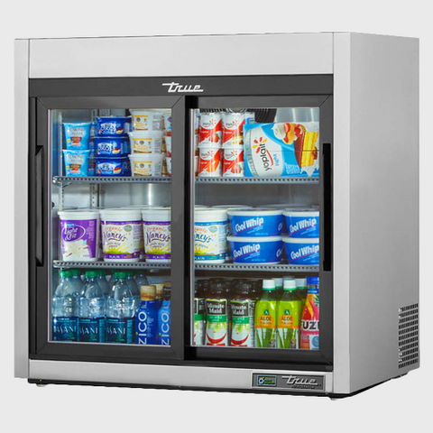 True Food Service Equipment Countertop Refrigerated Merchandiser 36"Width with (2) Sliding Glass Doors & Stainless Steel Exterior