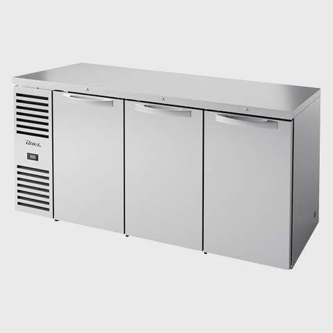 True Premier Bar Three-Section Refrigerated Back Bar Cooler 72"Width (3) Solid Hinged Doors with Stainless Steel Exterior