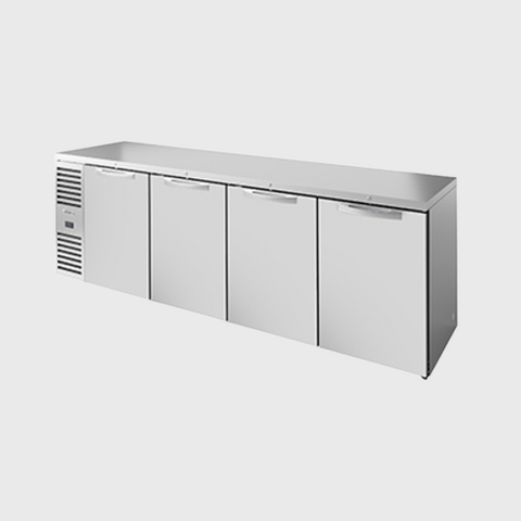 True Premier Bar Four-Section Refrigerated Back Bar Cooler 108"Width (4) Solid Hinged Doors with Stainless Steel Exterior