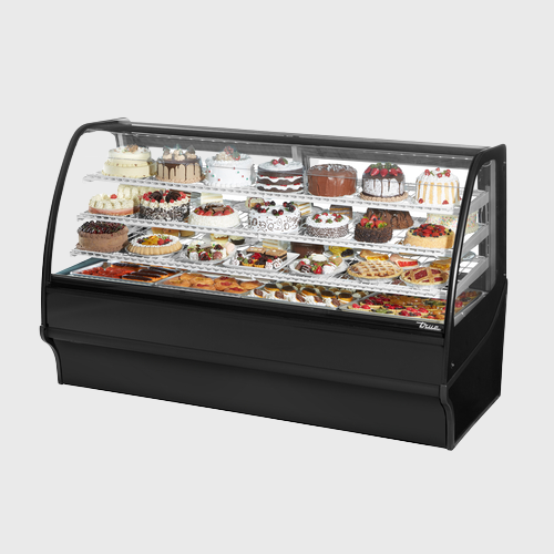 True Specialty Retail Refrigerated Glass Display Merchandiser 77-1/4"W White Powder Coated Interior with Black Powder Coated Steel Exterior