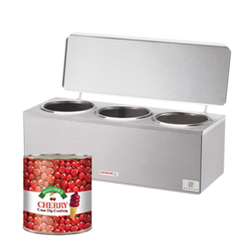 Server Triple Cone Dip Warmer Three 3 Quart Capacity 8.13"H x 21.63"W x 9.44"D White Stainless Steel With Hinged Lid