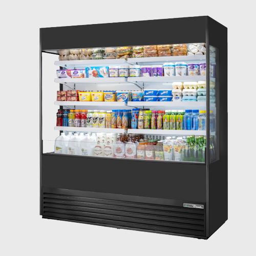 True Food Service Equipment Vertical Air Curtain Merchandiser 72"Width (8) Adjustable Shelves with Glass Sides & Black Powder Coated Exterior