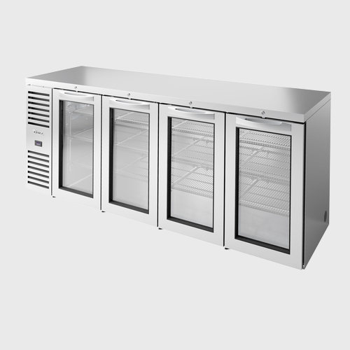 True Premier Bar Four-Section Refrigerated Back Bar Cooler 92"Width (4) Glass Hinged Doors with Stainless Steel Exterior