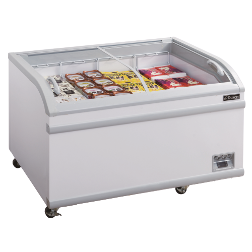 Dukers Glass Sliding Two Door Chest Freezer Bottom Mount 24.72 cu. ft Capacity 79-3/8" Wide White