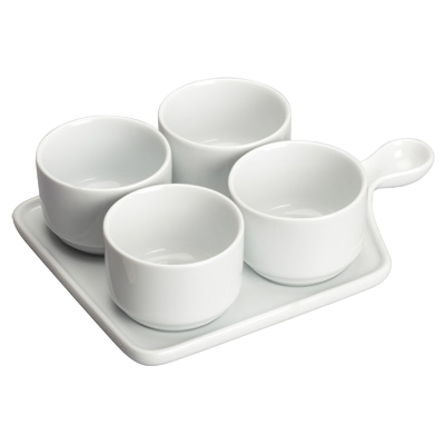 Quartet Tapas Set with Handled Base Plate Bright White Porcelain 9-3/4" x 6-3/4" - 12 Sets/Case