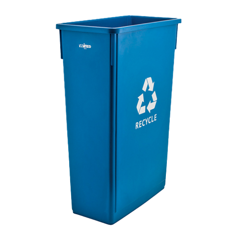 Slender Recycle Trash Can with "Recycle" Sign Blue HDPE 23 Gallon 20-1/8”L x 10-7/8”W x 29-7/8”H