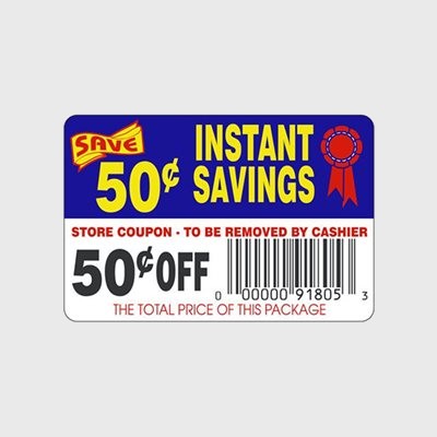 Coupon And Discount Label Instant Savings 50¢ Off Tearoff- 250/Roll