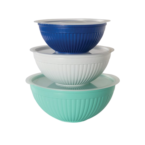Nordic Ware 6-Piece Covered Bowl Set with Lid 2-qt 3.5-qt 5-qt Mint Aqua Navy White BPA and Melamine Free High Heat Plastic