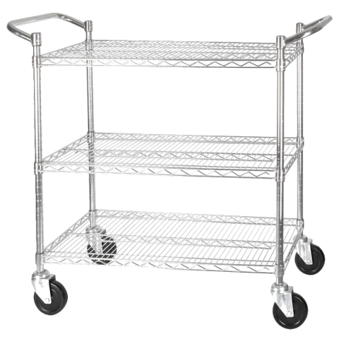 Utility Cart with Handle & Casters 3-Tier Chrome Plated Wire 800 lb. Capacity 24" x 48"