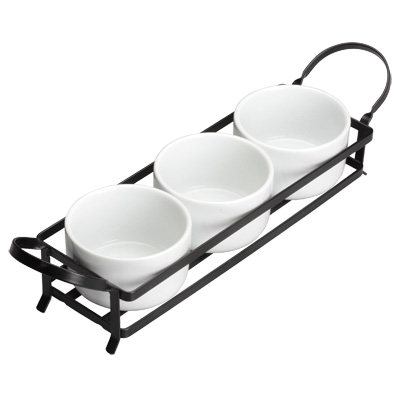 Trio Bowl Set with Metal Stand Bright White Porcelain 15" x 3-3/4" - 12 Sets/Case