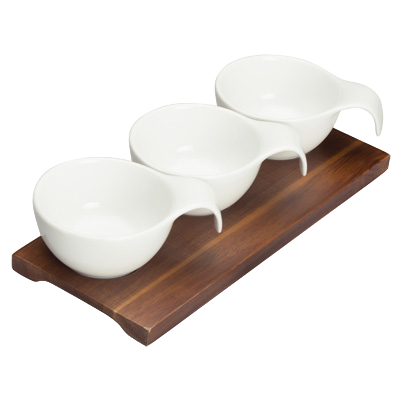 Trio Bowl Set with Wooden Plate Bright White Porcelain 9-3/8" x 4" - 24 Sets/Case