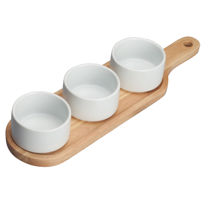 Trio Bowl Set with Wooden Plate Bright White Porcelain 15-1/4" x 4-1/8" - 12 Sets/Case