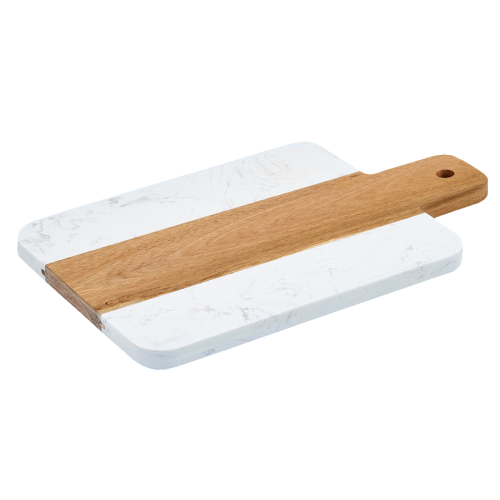 Serving Board with Handle Rectangular White Marble & Acacia Wood 15-3/4"L x 6"W