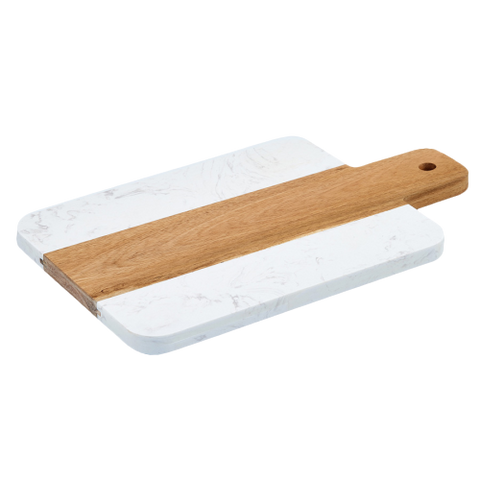 Serving Board with Handle Rectangular White Marble & Acacia Wood 15-3/4"L x 6"W