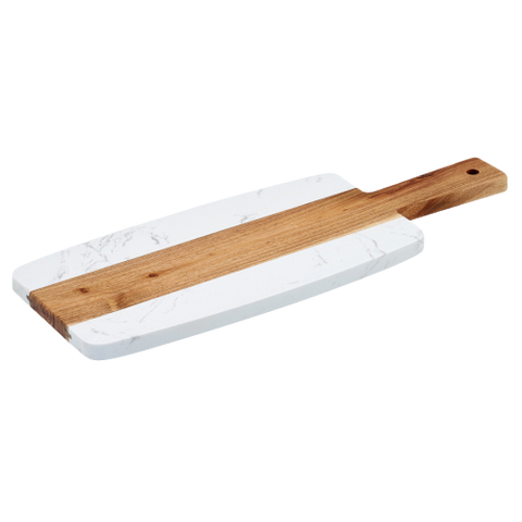 Serving Board with Handle Rectangular White Marble & Acacia Wood 11-1/4"L x 7"W