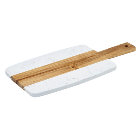 Serving Board with Handle Rectangular White Marble & Acacia Wood 15"L x 7"W