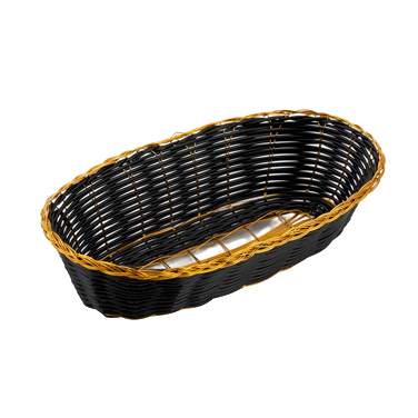 Woven Basket Long Oval Black with Gold Trim Polypropylene 8-3/4" x 3-7/8" x 2"H - One Dozen