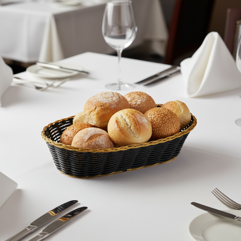 Winco Woven Poly Basket Black w/ Gold Trim Oval PWBK-9B - 12/Pack