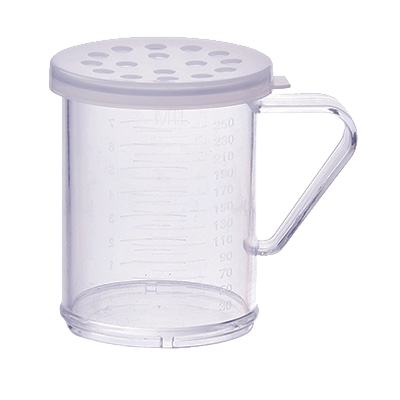 Shaker/Dredge with Handle 10 oz. Clear Polycarbonate with Snap-On Extra-Large Holes Lid
