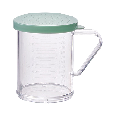 Shaker/Dredge with Handle 10 oz. Clear Polycarbonate with Green Snap-On Lid