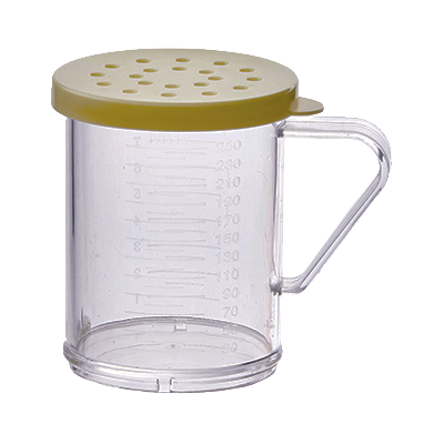 Shaker/Dredge with Handle 10 oz. Clear Polycarbonate with Yellow Snap-On Lid