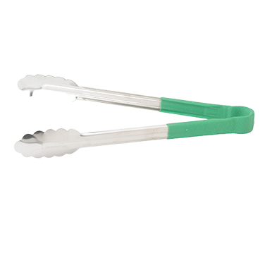 Utility Tongs Scalloped Edge Stainless Steel with Green Plastic Handle 12"