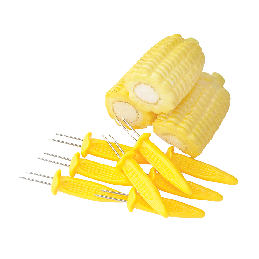 HIC Corn Skewers Silver Yellow Stainless Steel Prongs Plastic Handles