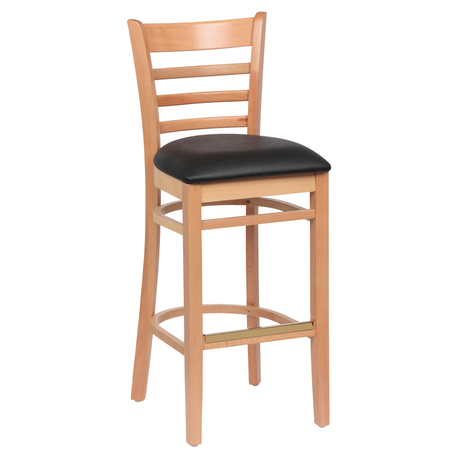 superior-equipment-supply - Royal Industries - Royal Industries Ladder Back Natural Finish Wood Bar Stool Black Vinyl Cushion Seat