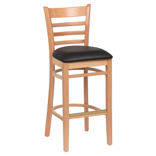 superior-equipment-supply - Royal Industries - Royal Industries Ladder Back Natural Finish Wood Bar Stool Black Vinyl Cushion Seat