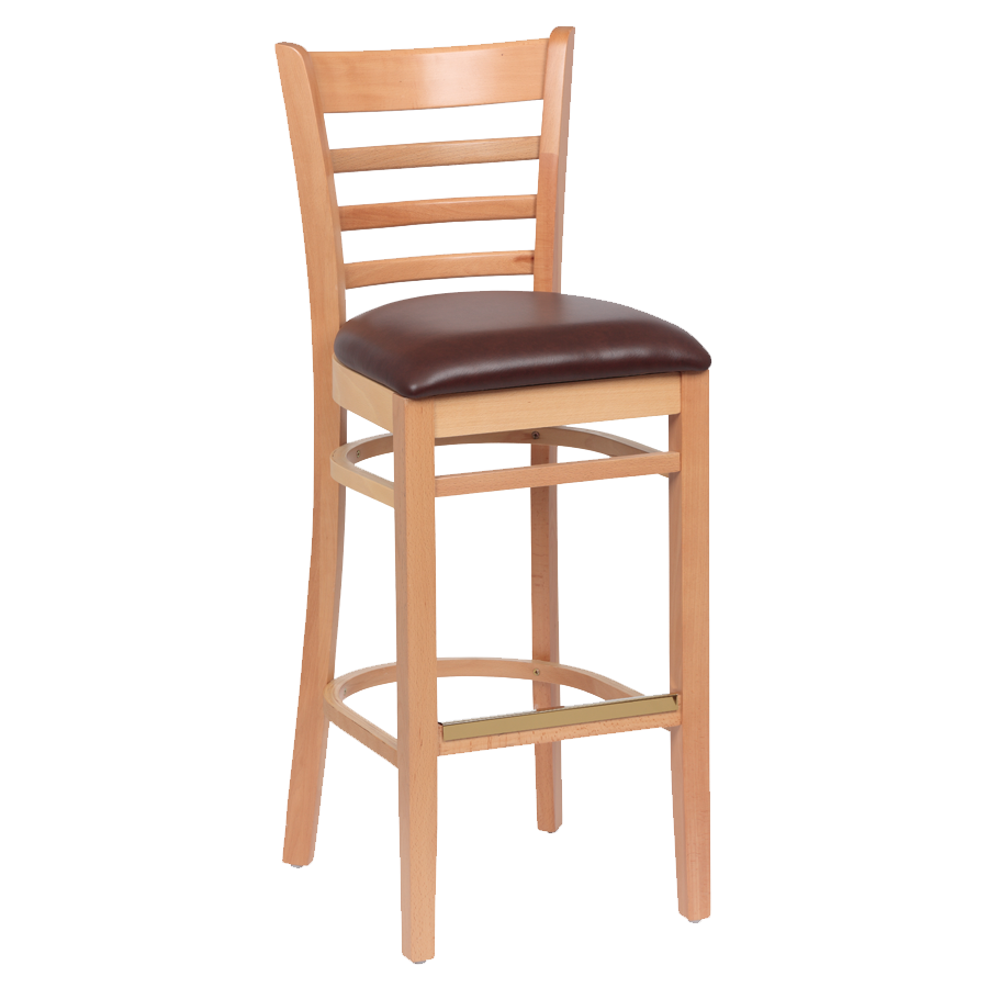 superior-equipment-supply - Royal Industries - Royal Industries Ladder Back Natural Finish Wood Bar Stool Brown Vinyl Cushion Seat