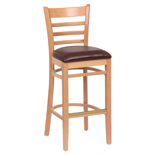 superior-equipment-supply - Royal Industries - Royal Industries Ladder Back Natural Finish Wood Bar Stool Brown Vinyl Cushion Seat