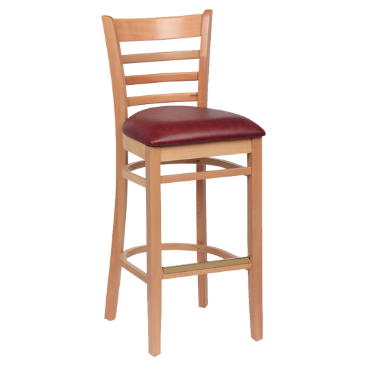 superior-equipment-supply - Royal Industries - Royal Industries Ladder Back Natural Finish Wood Bar Stool Crimson Vinyl Cushion Seat