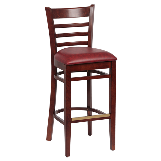 superior-equipment-supply - Royal Industries - Royal Industries Ladder Back Walnut Finish Wood Bar Stool Crimson Vinyl Cushion Seat